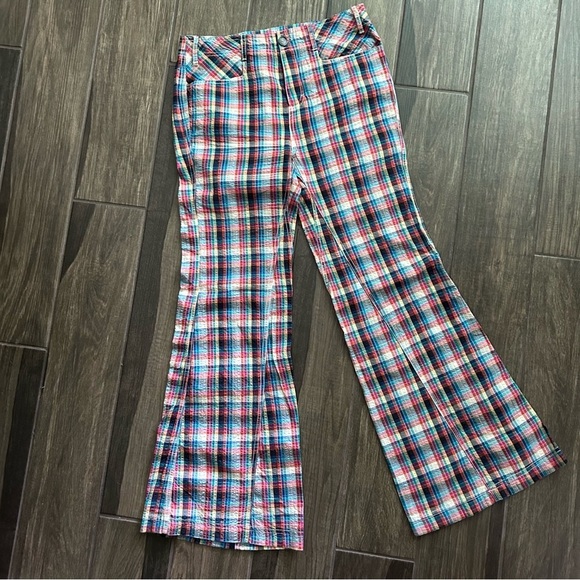 Free People Cristina Low-Rise Flare Plaid Pants in Multi Plaid Check Sz 4 - Picture 3 of 8